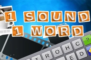 Teclado virtual sobre fondo azul con letras que forman 1 SOUND 1 WORD y rollos de película