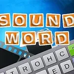 Teclado virtual sobre fondo azul con letras que forman 1 SOUND 1 WORD y rollos de película