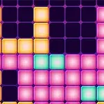 Piezas de colores amarillo, rosa y verde brillante en una cuadrícula oscura