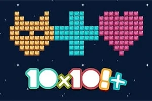 Gato amarillo, cruz azul y corazón rosa hechos de bloques sobre un fondo oscuro con las palabras 10x10!