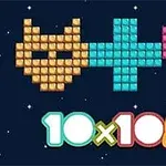 Gato amarillo, cruz azul y corazón rosa hechos de bloques sobre un fondo oscuro con las palabras 10x10!