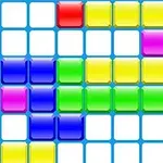 Bloques de colores en una cuadrícula azul y blanca con bloques rojos, amarillos, verdes, azules y rosas