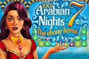 Mujer con vestido rojo y collar dorado frente a un fondo azul decorativo con texto 1001 Arabian Nights 7 The ebony horse