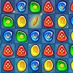 Iconos coloridos en forma de gemas organizados en una cuadrícula sobre un fondo azul