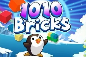 Pingüino en un paisaje nevado con bloques de colores flotando y el texto 1010 Bricks en letras grandes