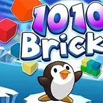 Pingüino en un paisaje nevado con bloques de colores flotando y el texto 1010 Bricks en letras grandes