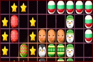 Rejilla con filas de iconos de estrellas, huevos decorados y personajes festivos como muñecos de nieve y pingüinos