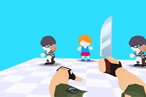 Personaje con cuchillo enfrenta a dos figuras con uniforme y un niño en un entorno de tablero de ajedrez