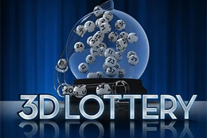 Bolas numeradas dentro de un dispositivo esférico con letras que dicen 3D Lottery sobre un fondo azul