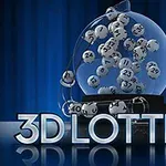 Bolas numeradas dentro de un dispositivo esférico con letras que dicen 3D Lottery sobre un fondo azul