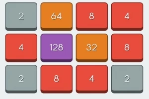 Cuadrícula de 4x4 con fichas de colores y números como 2, 4, 8, 32, 64 y 128