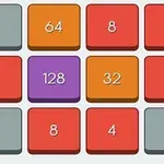 Cuadrícula de 4x4 con fichas de colores y números como 2, 4, 8, 32, 64 y 128