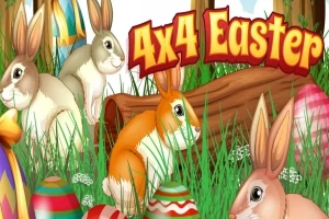 Conejos de colores y huevos de Pascua decorados en un entorno de césped con un tronco de árbol