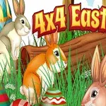 Conejos de colores y huevos de Pascua decorados en un entorno de césped con un tronco de árbol