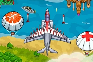 Avión de combate volando sobre un paisaje con paracaídas de suministros y misiles
