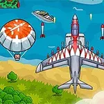 Avión de combate volando sobre un paisaje con paracaídas de suministros y misiles