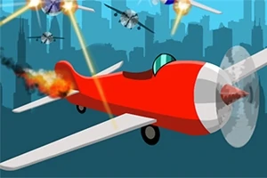 Avión rojo animado siendo atacado por otros aviones en el cielo sobre una ciudad, con llamas y disparos visibles
