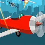 Avión rojo animado siendo atacado por otros aviones en el cielo sobre una ciudad, con llamas y disparos visibles
