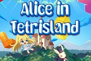 Niña rubia flotando junto a un conejo con sombrero frente a un castillo y figuras coloridas en el cielo