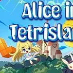 Niña rubia flotando junto a un conejo con sombrero frente a un castillo y figuras coloridas en el cielo