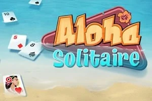 Cartas de juego sobre una playa con el título Aloha Solitaire en colores vivos