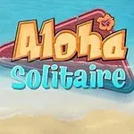 Cartas de juego sobre una playa con el título Aloha Solitaire en colores vivos