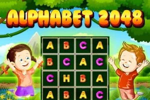 Dos niños felices junto a un tablero de letras coloridas con el título Alphabet 2048 en un entorno natural