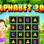 Dos niños felices junto a un tablero de letras coloridas con el título Alphabet 2048 en un entorno natural