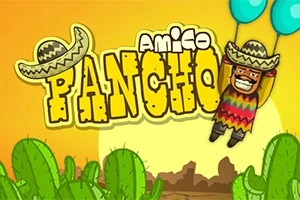 Un personaje sonriente con sombrero y poncho vuela con globos azules sobre un paisaje desértico con cactus, acompañado del texto Amigo Pancho