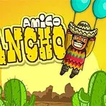 Un personaje sonriente con sombrero y poncho vuela con globos azules sobre un paisaje desértico con cactus, acompañado del texto Amigo Pancho