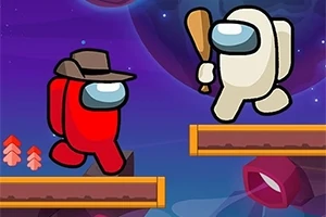 Dos personajes coloridos con cascos en plataformas, uno rojo con sombrero y otro blanco con un bate, en un entorno espacial