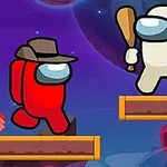Dos personajes coloridos con cascos en plataformas, uno rojo con sombrero y otro blanco con un bate, en un entorno espacial