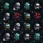 Varios personajes con trajes espaciales de diferentes colores en un fondo espacial oscuro con estrellas