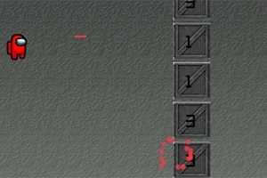 Personaje rojo con casco pequeño y caja numerada en una pared gris