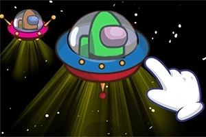 Dos naves espaciales con luces amarillas volando en el espacio, acompañadas de una mano animada señalando