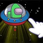 Dos naves espaciales con luces amarillas volando en el espacio, acompañadas de una mano animada señalando
