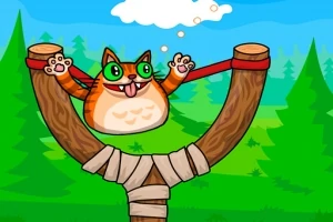 Un gato anaranjado con ojos verdes y cara feliz es lanzado por una resortera en un bosque