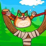 Un gato anaranjado con ojos verdes y cara feliz es lanzado por una resortera en un bosque
