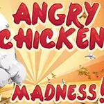 Gallina furiosa con puños levantados sobre un fondo anaranjado con texto en letras grandes y rojas