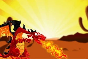 Dragón rojo escupiendo fuego en un paisaje desértico con fondo de cielo amarillo brillante
