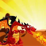 Dragón rojo escupiendo fuego en un paisaje desértico con fondo de cielo amarillo brillante