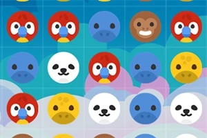 Caras de animales coloridas dispuestas en una cuadrícula contra un fondo azul y morado