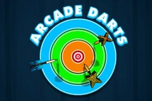 Diana de dardos colorida con tres dardos incrustados y texto Arcade Darts en la parte superior