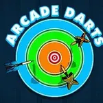 Diana de dardos colorida con tres dardos incrustados y texto Arcade Darts en la parte superior