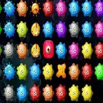 Patrón de pequeñas criaturas redondas de colores brillantes con caras expresivas en un fondo oscuro