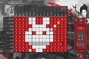 Una cuadrícula rectangular con un diseño de conejo blanco sobre un fondo rojo, acompañada de un contador de puntuación a la derecha