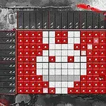 Una cuadrícula rectangular con un diseño de conejo blanco sobre un fondo rojo, acompañada de un contador de puntuación a la derecha