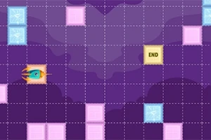 Un cohete colorido sobre un fondo de cuadrícula morada con bloques azules, rosados y un cuadro amarillo que dice END