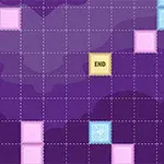 Un cohete colorido sobre un fondo de cuadrícula morada con bloques azules, rosados y un cuadro amarillo que dice END