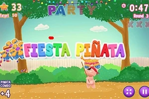 Un personaje pequeño y rosado sosteniendo una piñata bajo un letrero colorido de Fiesta Piñata en un entorno de fiesta al aire libre con árboles y decoraciones